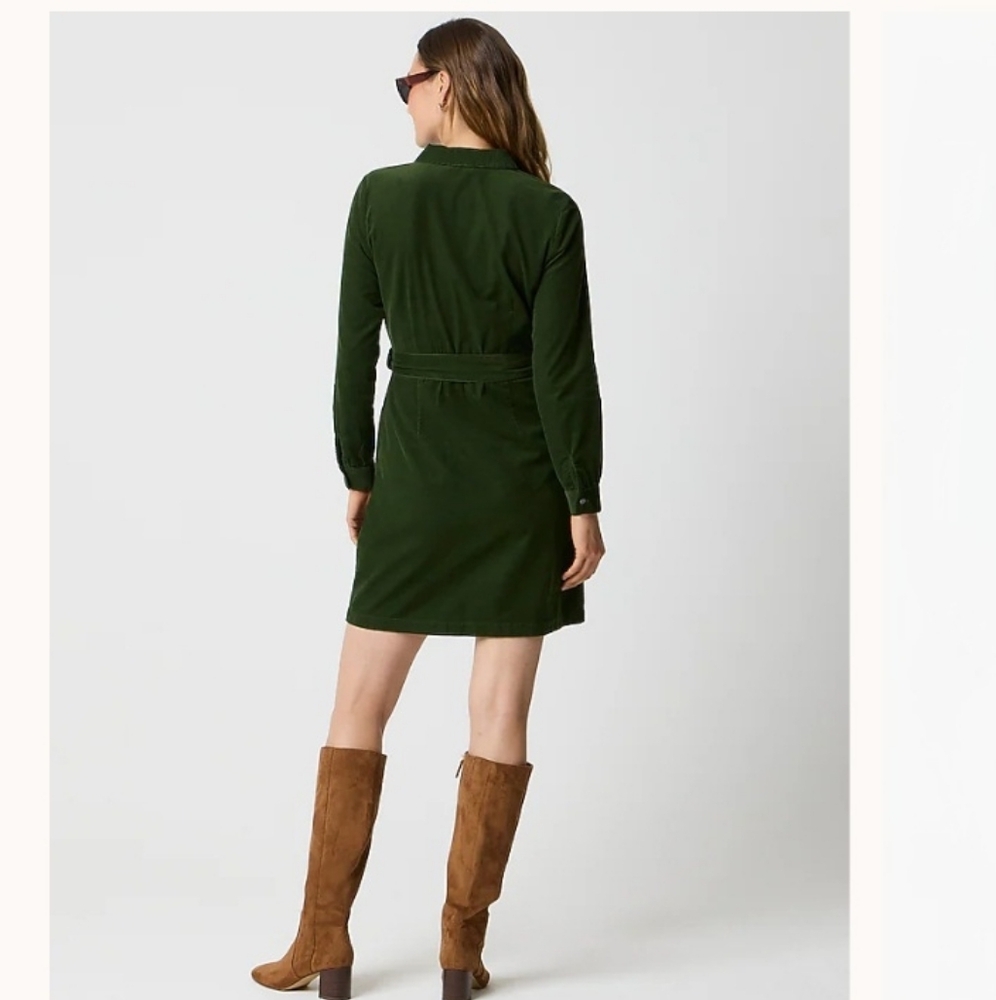 J.Crew Pine Green Corduroy Shirt Dress Belted Long Sleeve NWT Size 2 - Picture 3 of 17